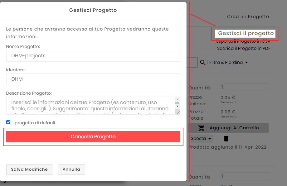 eliminare un progetto attraverso la voce "Gestisci il Progetto"